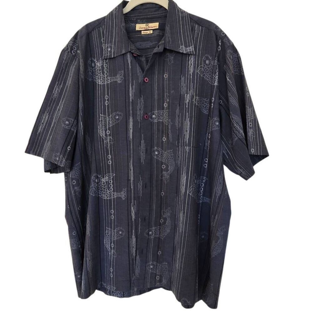 Tommy Bahama Mens Vintage Fit Striped Textured Silk Blend Shirt Blue Large